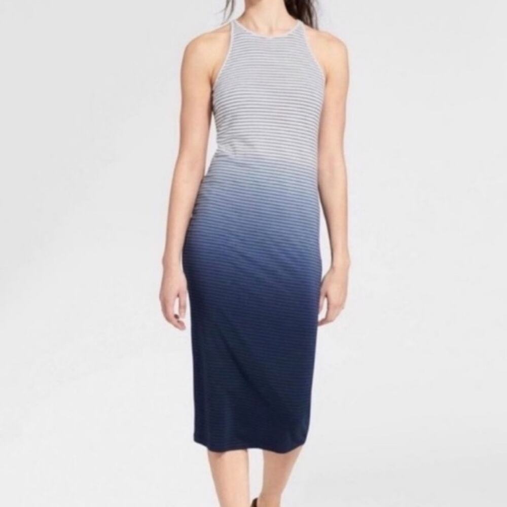 Athleta Sunkissed Midi Summer Dress Nautical White Black Stripe Blue Ombre Small
